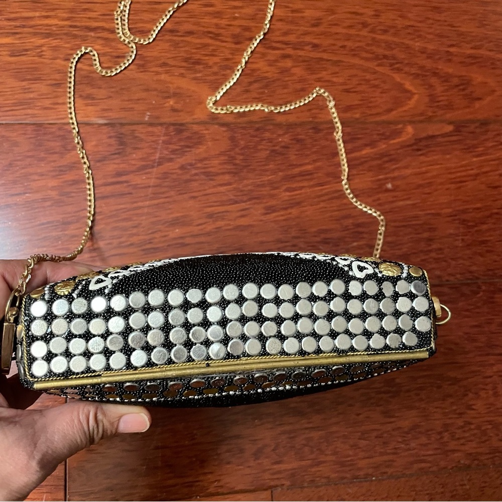 Ramla Handmade Heart Shaped Mosaic Bag Purse Clutch Black Gold Bling Bling B1 I - Picture 7 of 13